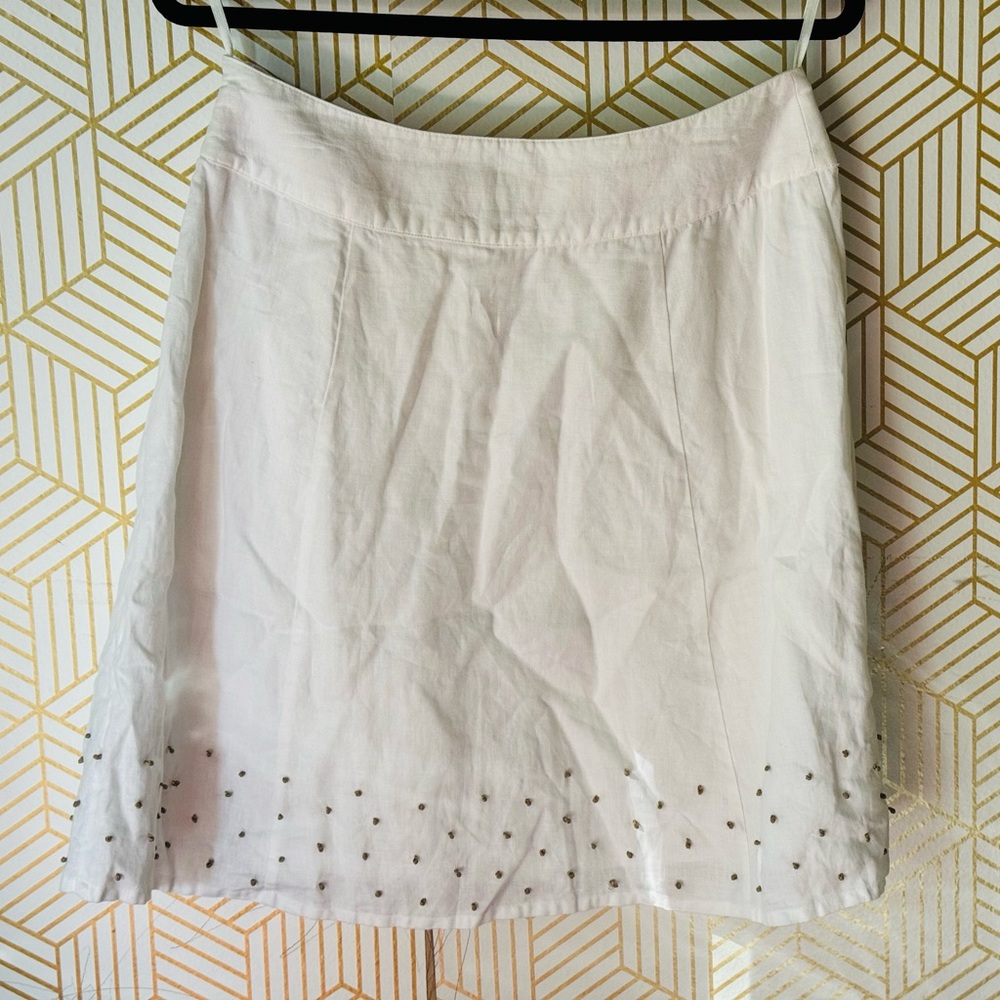 Boden White Linen & cotton blend with brown dots Embroidered Midi Skirt Size 8R